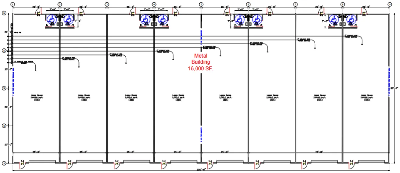 Stamped interior plan: eight 2,000 SF lease spaces on a 25-foot grid.