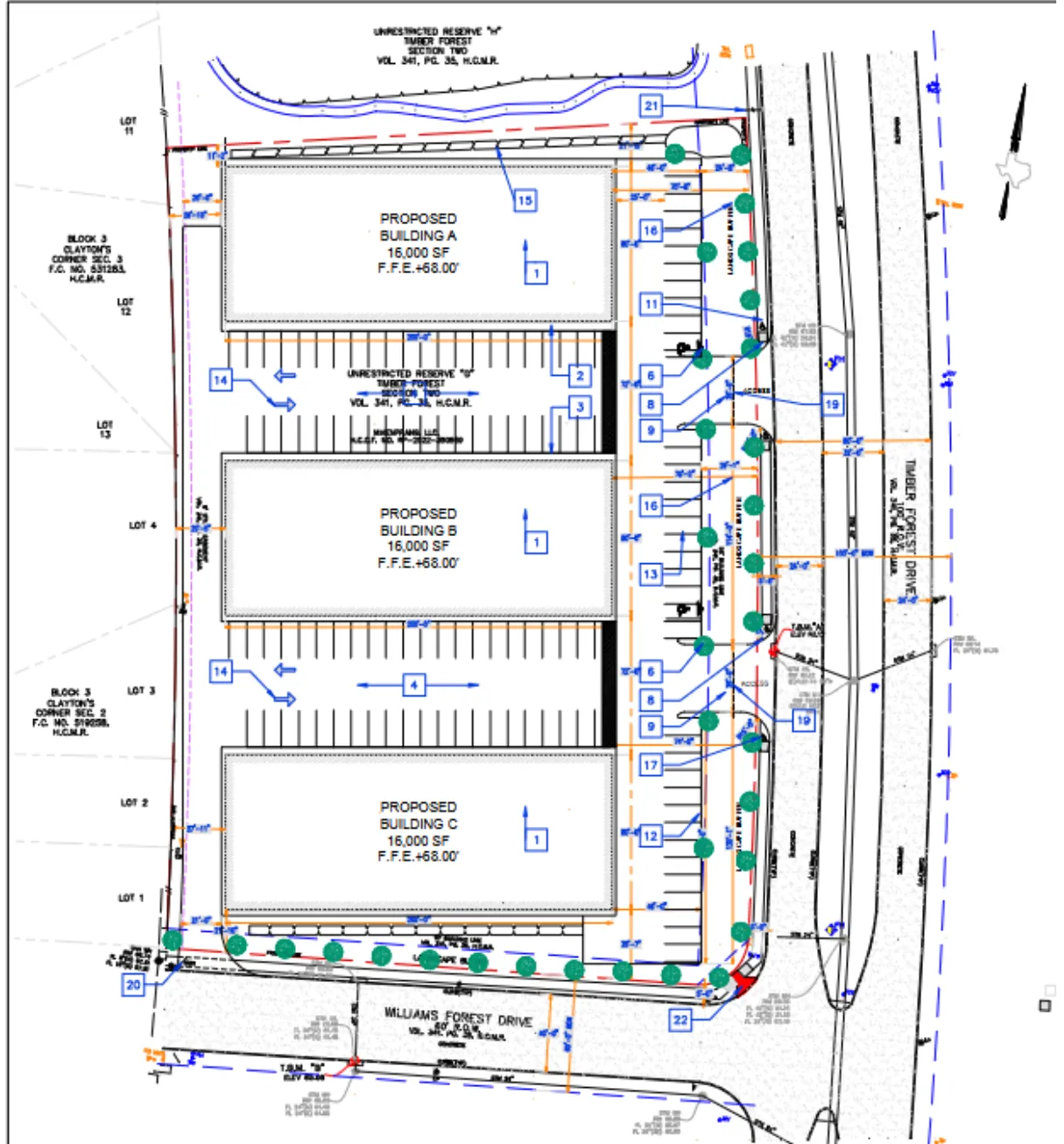 Civil site plan showing Buildings A, B and C at 16,000 square feet each, the parking rows between them, and Timber Forest Drive along the east edge of the site.